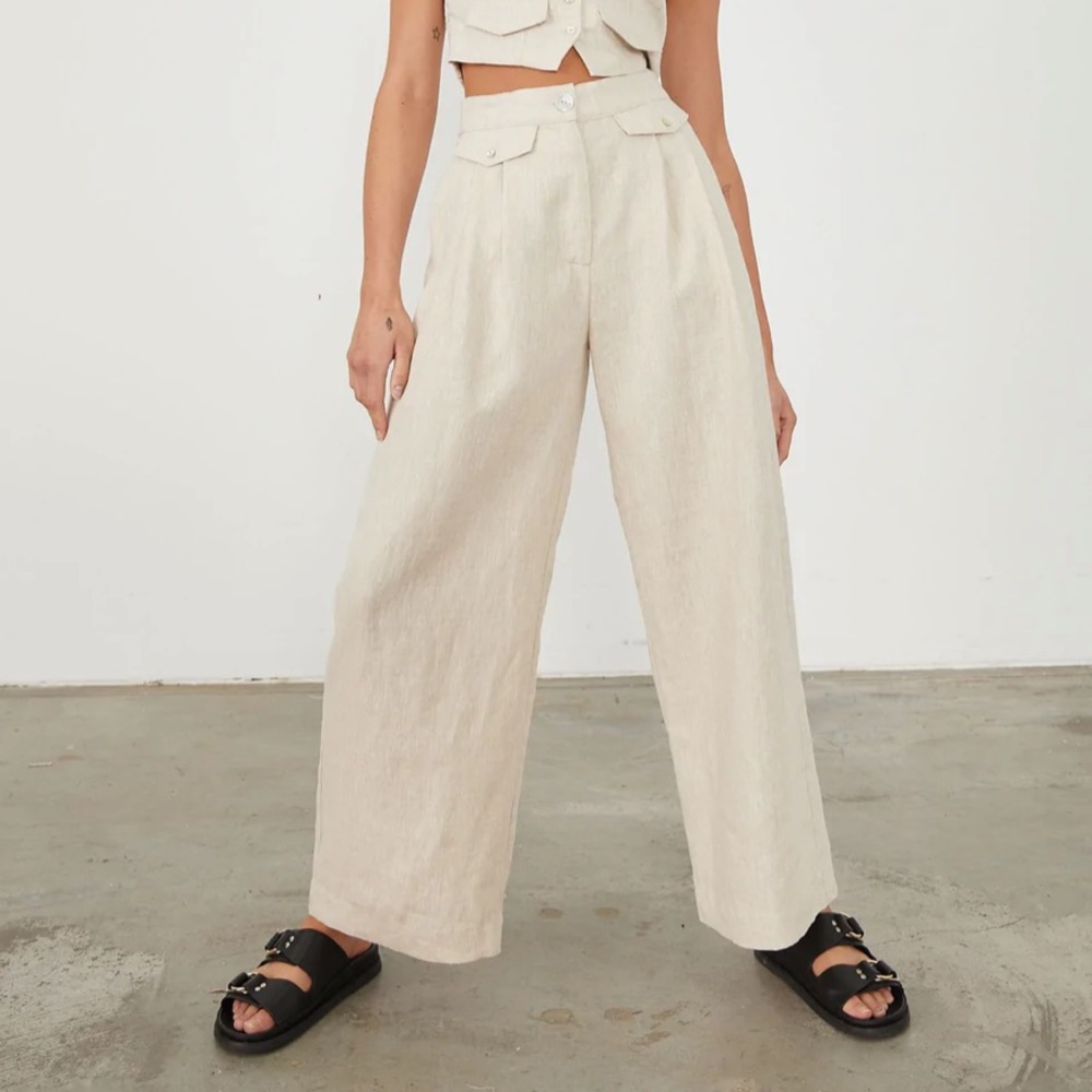 Wide Leg Linen-Blend Pants in Cream